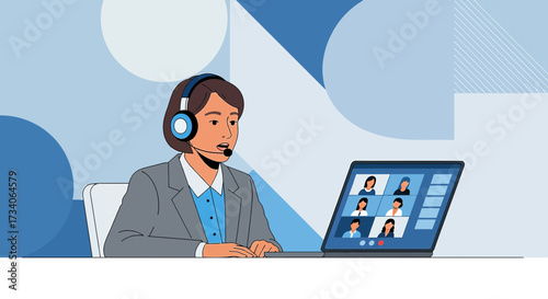 Virtual meeting illustration featuring a woman with headset engaging in a video call