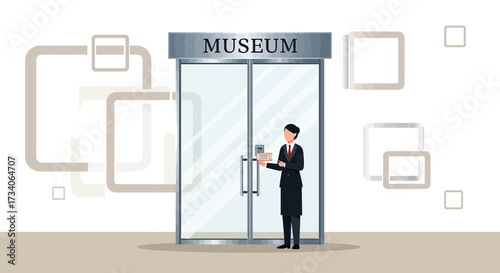 Visitor entering the museum using a ticket scanning system, an illustration of the modern cultural