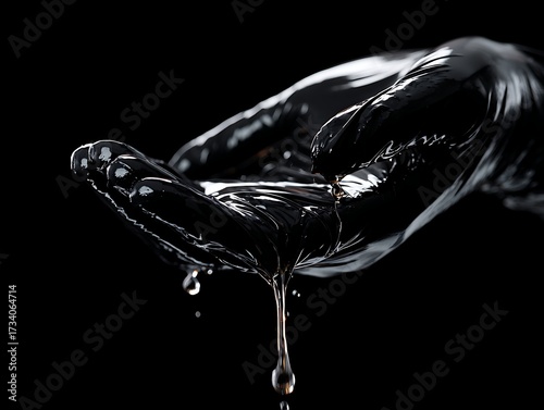 Black latex hand with liquid dripping against a dark background, moody fetish-inspired still life with erotic undertone