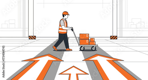 Warehouse Worker Delivering Packages with Arrows on the Floor Indicating Direction and Guidance