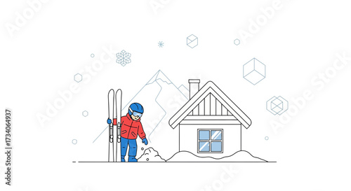 Winter Adventure: Boy with Skis Plays in Snow Near Cozy Cabin with Mountain Backdrop