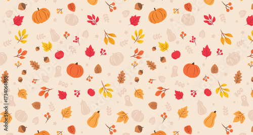 Seamless pattern with pumpkins autumn leaves acorns and oak leaves for wallpaper or gift paper