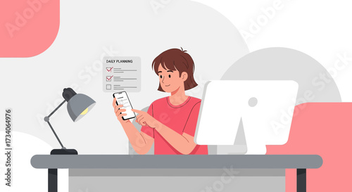 Woman checking daily planning list on smartphone in a modern home office setup for productivity