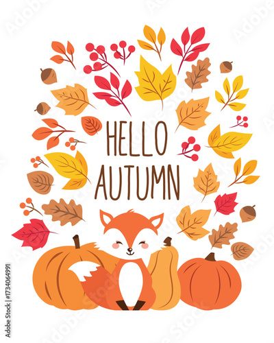 Illustration of a fox with pumpkins and fall leaves for wallpaper background card or social media