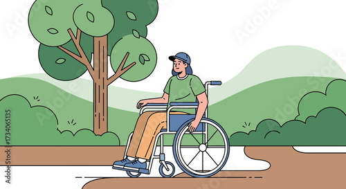 Woman in wheelchair enjoying nature in a park with trees and greenery illustration