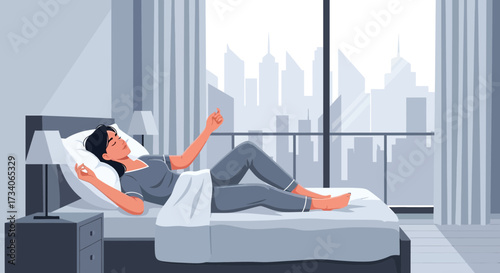 Woman relaxing in bed with a cityscape view, enjoying a peaceful morning relaxation in her bedroom