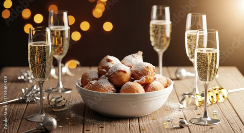 New Year's Eve Party Table with a Bowl of Oliebollen Doughnuts and Multiple Glasses of Sparkling Champagne for a Midnight Toast