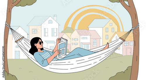 Woman relaxing in hammock reading a magazine on a sunny day in a peaceful neighborhood setting