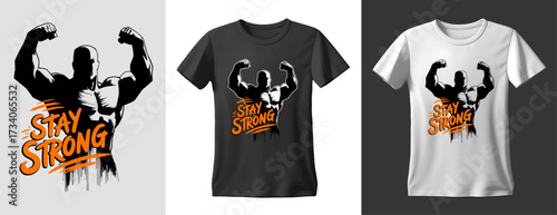T-shirt print of a muscular athletic man with the inscription Stay Strong. Ready to print on t shirts, mug and all of print items. Vector vintage illustration. T-Shirt design template.