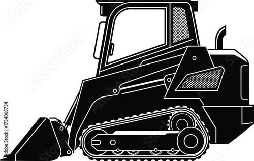 Black and White Vector Illustration of Compact Track Loader Construction Equipment with Rubber Tracks, Hydraulic Arms, and Front Bucket Attachment