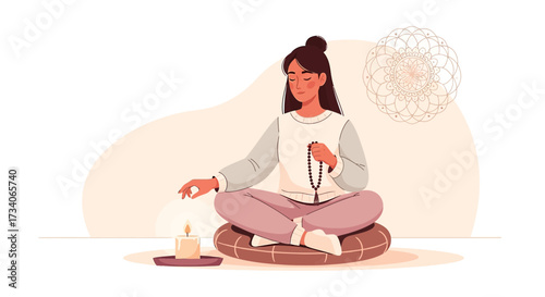 Young woman meditating with mala beads and candle, finding inner peace and relaxation through
