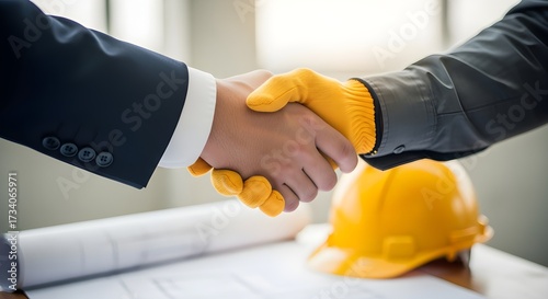 Professional handshake sealing construction project deal with blueprints and hard hat