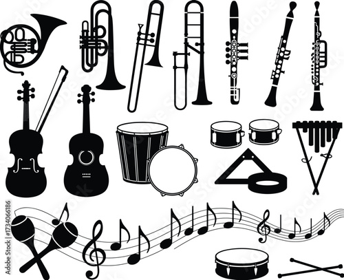 Black Silhouette Vector Set of Musical Instruments and Notes Featuring Brass, Woodwind, String, Percussion, and Treble Clef Symbols