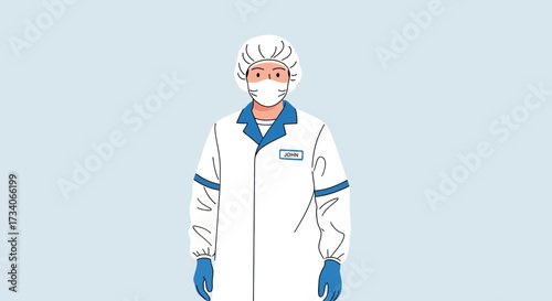 Person in protective clothing and mask against light blue background.