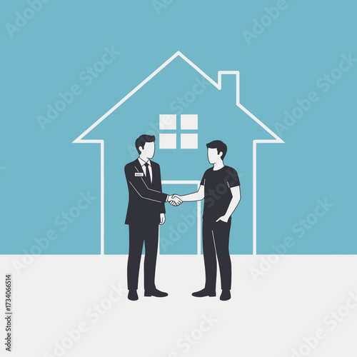 Two men shake hands in front of a house outline.