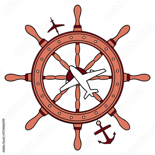 a stylized wooden ship wheel with a flying airplane and an anchor, symbolizing global travel and logistics