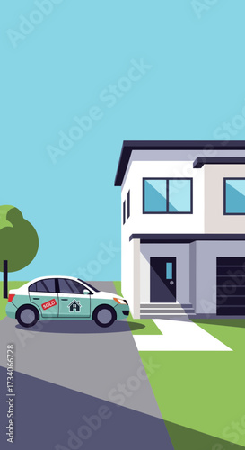 Modern house with car parked on driveway under blue sky.