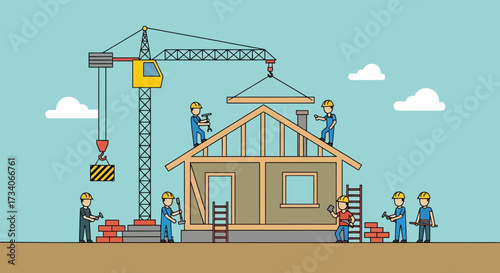 Construction workers build a house using a crane and tools.