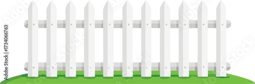 A white picket fence stands on green grass, surrounded by a lush green border.