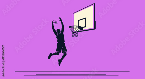 Silhouette of a basketball player dunking on a purple background.