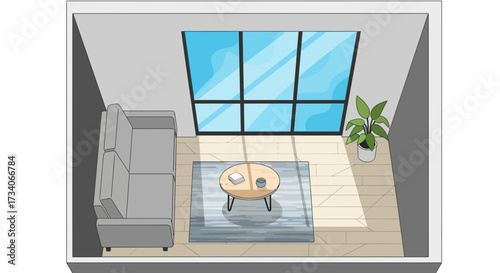 Modern living room with large window and sofa.