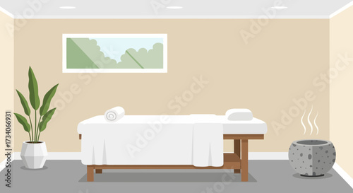 Massage table in a calm room with plant and aroma diffuser.