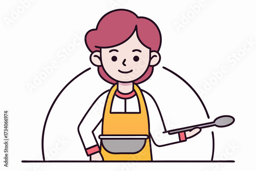 A smiling female chef stirring ingredients in a bowl isolated on white background, radiating culinary passion and expertise in food preparation