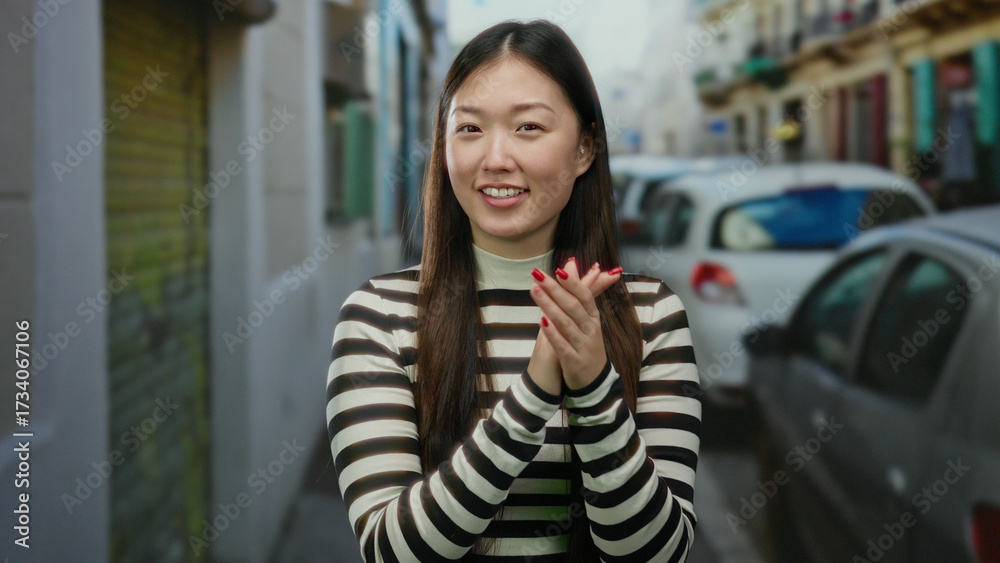 Fototapeta premium Woman clapping on urban street with cars in background, wearing striped sweater, showcasing cheerful expression in city, embodying beauty and youth with charm in an outdoor scene.