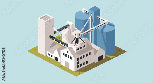 Industrial factory with silos and conveyor belts under a light blue sky.