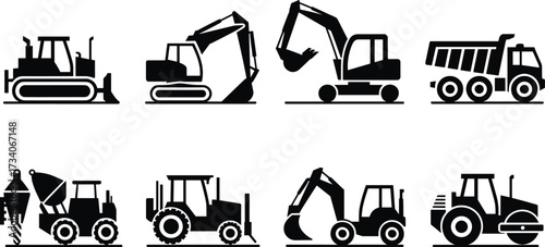 Construction vehicle silhouette vector set with bulldozer, excavator, dump truck, mixer, loader, roller, backhoe for industrial design