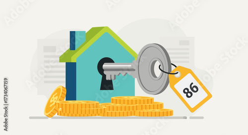 Small house icon with key and stack of coins.