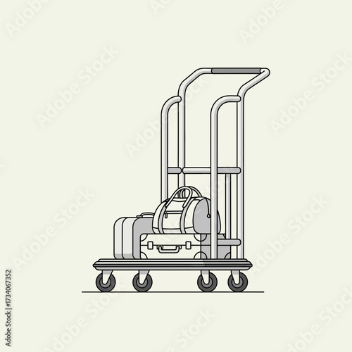 Luggage cart with bags on a plain background.