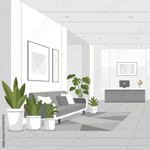 Modern interior with sofa plants and framed art.
