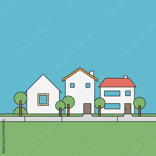 Three houses with trees on a green grassy area.