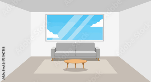 Living room with sofa coffee table and large window showing sky