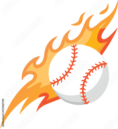 A baseball ball engulfed in flames, set against a plain white background.

