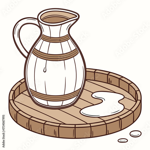 The jug looks like it's made to resemble a wooden barrel with light-colored staves and darker brown hoops, and it appears to be filled with a liquid. There is a spill of white liquid perhaps milk. 