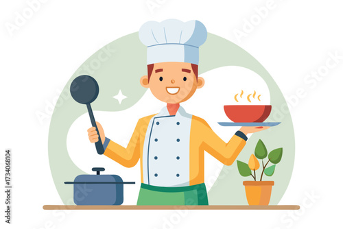 Happy chef holding plate of food in kitchen, showcasing culinary creation with pride and joy, isolated on white background