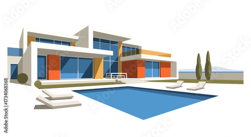 Modern house with swimming pool and lounge chairs.