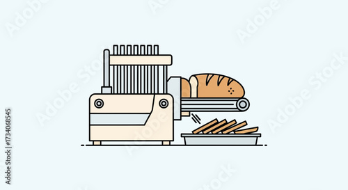 Bread slicing machine processing loaf onto conveyor belt.