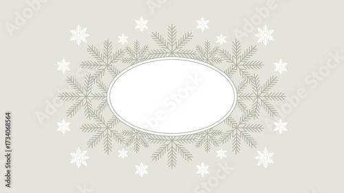 A festive winter background with snowflakes and an oval frame for text or image placement in the center