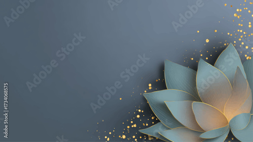 Elegant blue and gold lotus corner with shimmering particles, premium Diwali vector background for invitations, presentations, and copy space.
