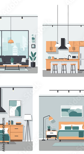 Four interior views of modern rooms with furniture and decor.