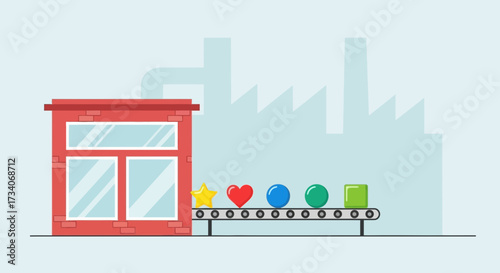 Factory building with conveyor belt carrying colorful shapes.
