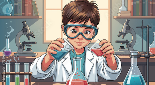 Young enthusiastic scientist boy in laboratory goggles and white coat carefully pouring colorful liquids in beakers, exploring chemistry experiments