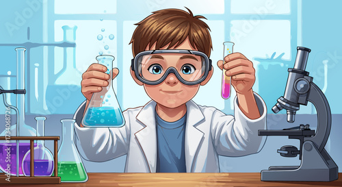 A young boy in a science lab coat and goggles, holding beakers with colorful liquids, with a microscope in the background, illustrating scientific exploration and education for children