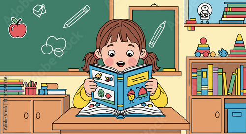 A happy young girl with pigtails sitting at a desk, enthusiastically reading an open book filled with colorful pictures, in a classroom setting with shelves of toys and books