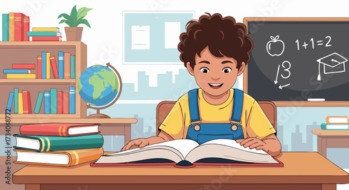 A young boy happily studies a large book at his desk in a classroom filled with educational materials, fostering a love for learning and knowledge
