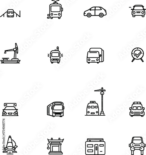 Transportation and infrastructure icon set with vehicles, traffic lights, oil pumps, and buildings in minimal line vector style