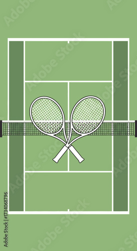 Tennis court with rackets and net viewed from above.